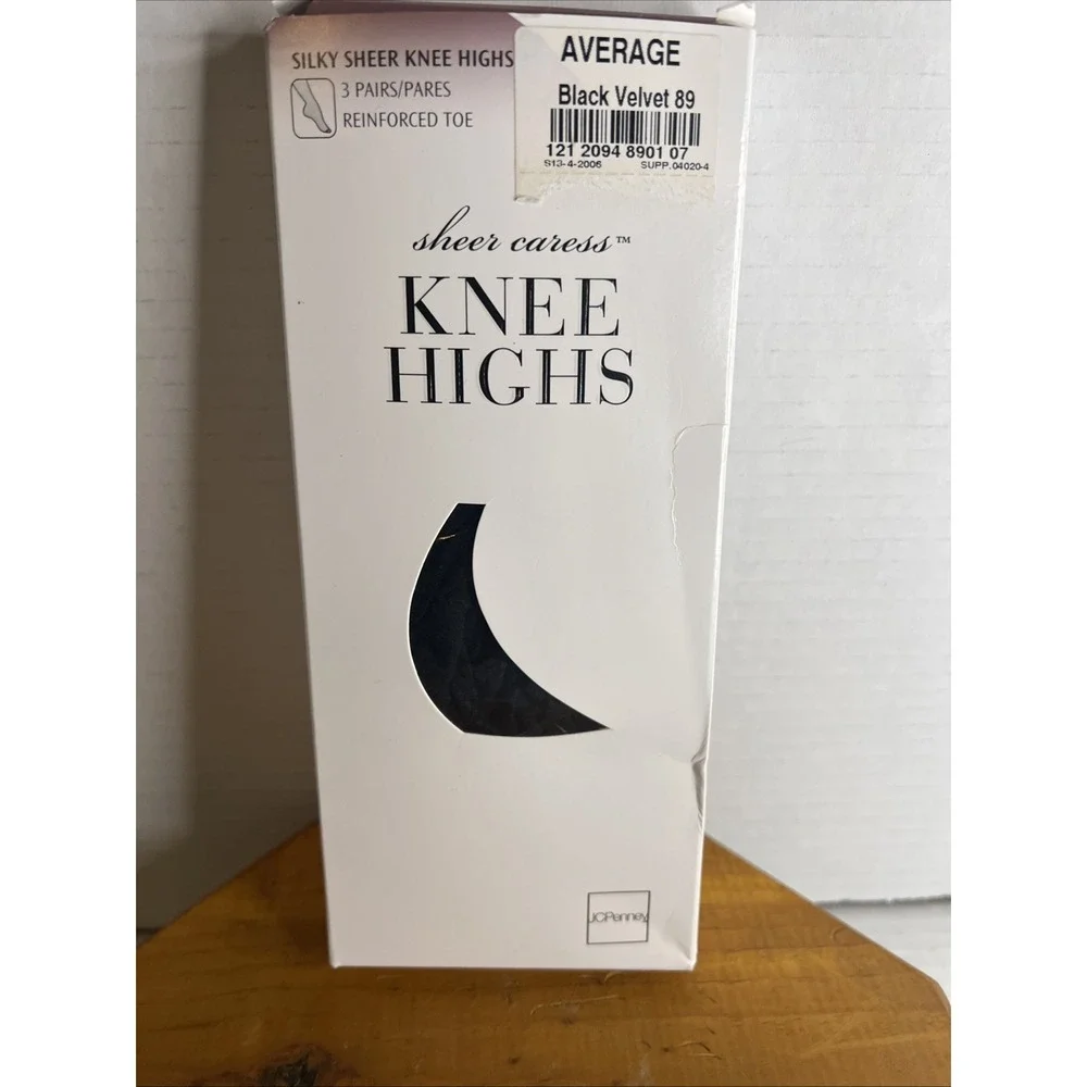Vintage JCPenny Sheer Caress Knee Highs‎ Black Velvet 89 Average 3 pair USA